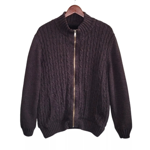 Boston Traders Men's XXL Cable Knit Fleece Lined Zip-Up Sweater Jacket Brown - Picture 1 of 8